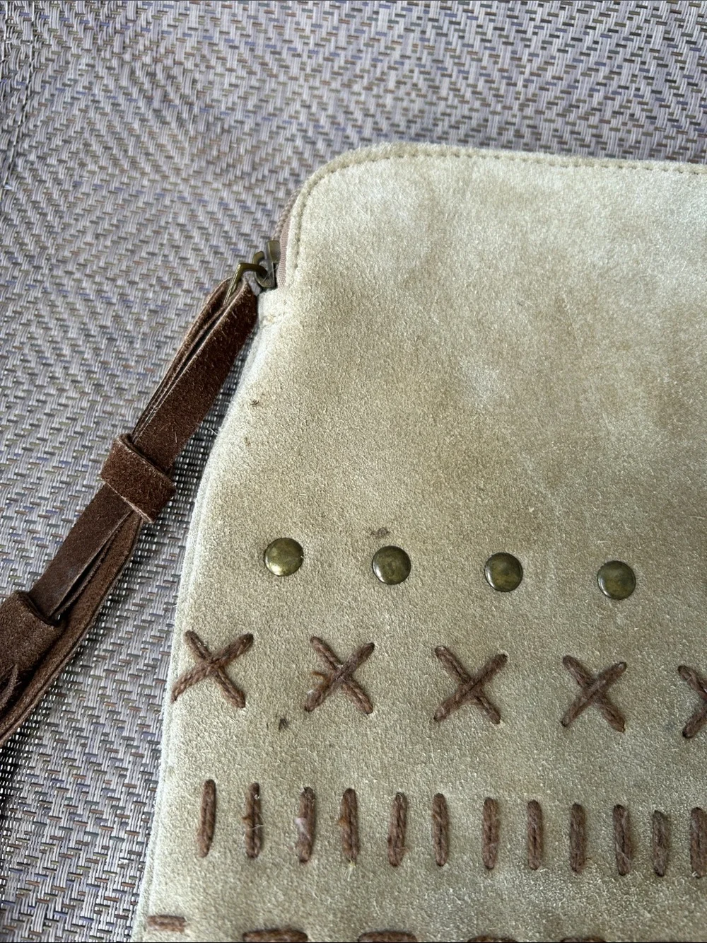 Genuine tan suede leather tablet case. Bronze studded. Suede tassels. 11 X9 inch